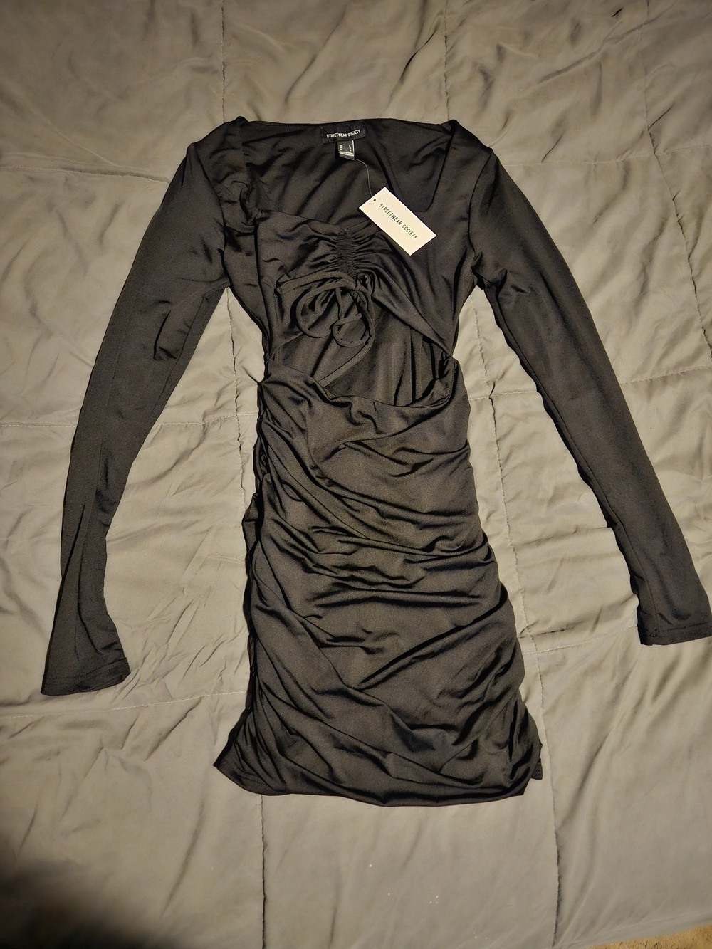 Streetwear Society Black Ruched Long-Sleeve Bodycon Dress Large